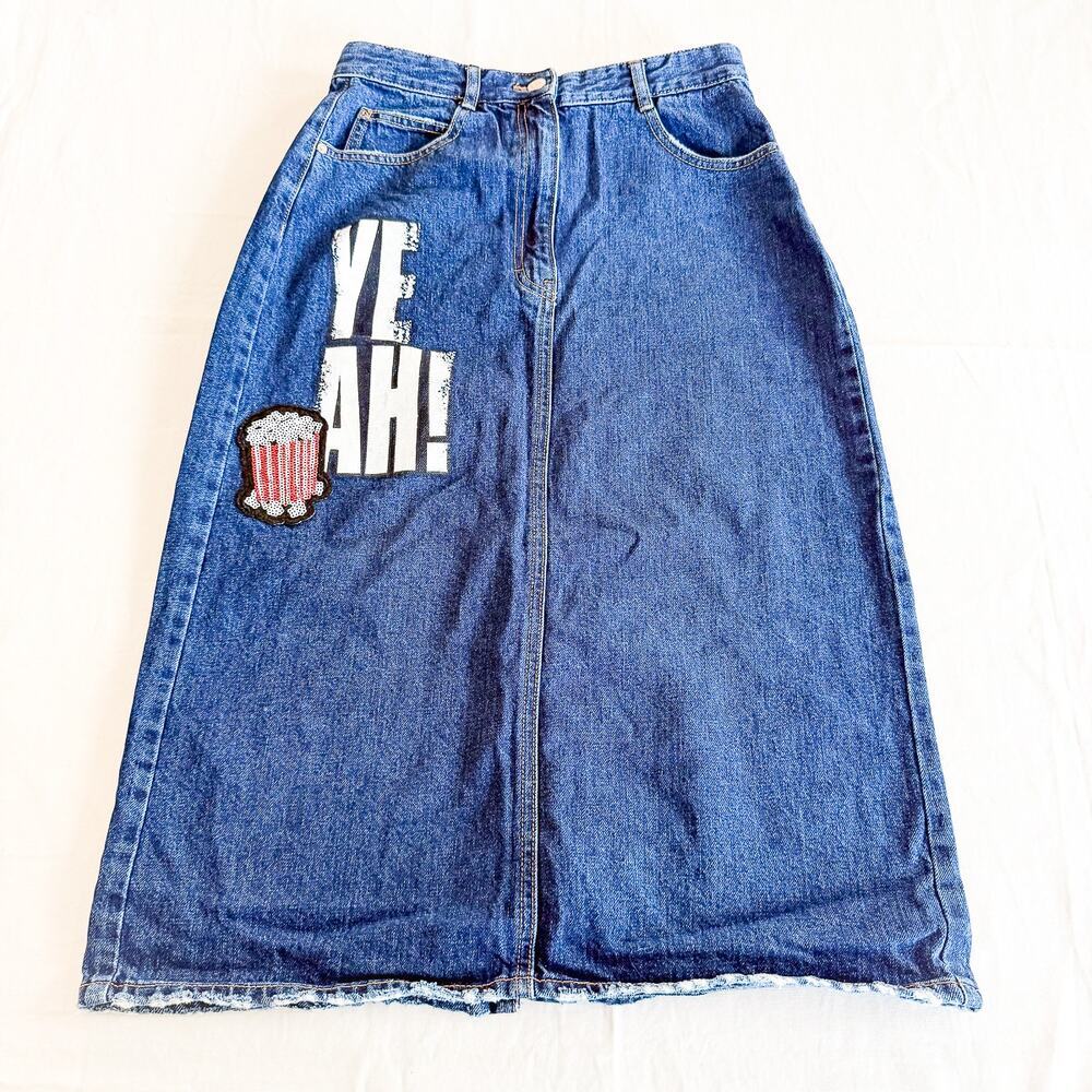 Zara Dark Wash A-Line Denim Skirt Graphic Print Size Medium